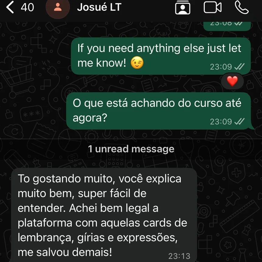 Aluno diz que está gostando muito do curso e elogia os cards de gírias e expressões