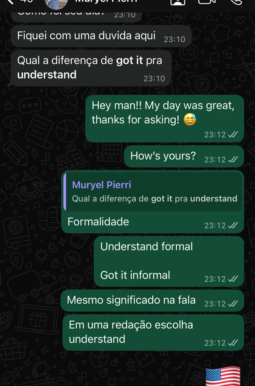 Conversa no WhatsApp: aluno pergunta a diferença entre got it e understand e recebe resposta em minutos